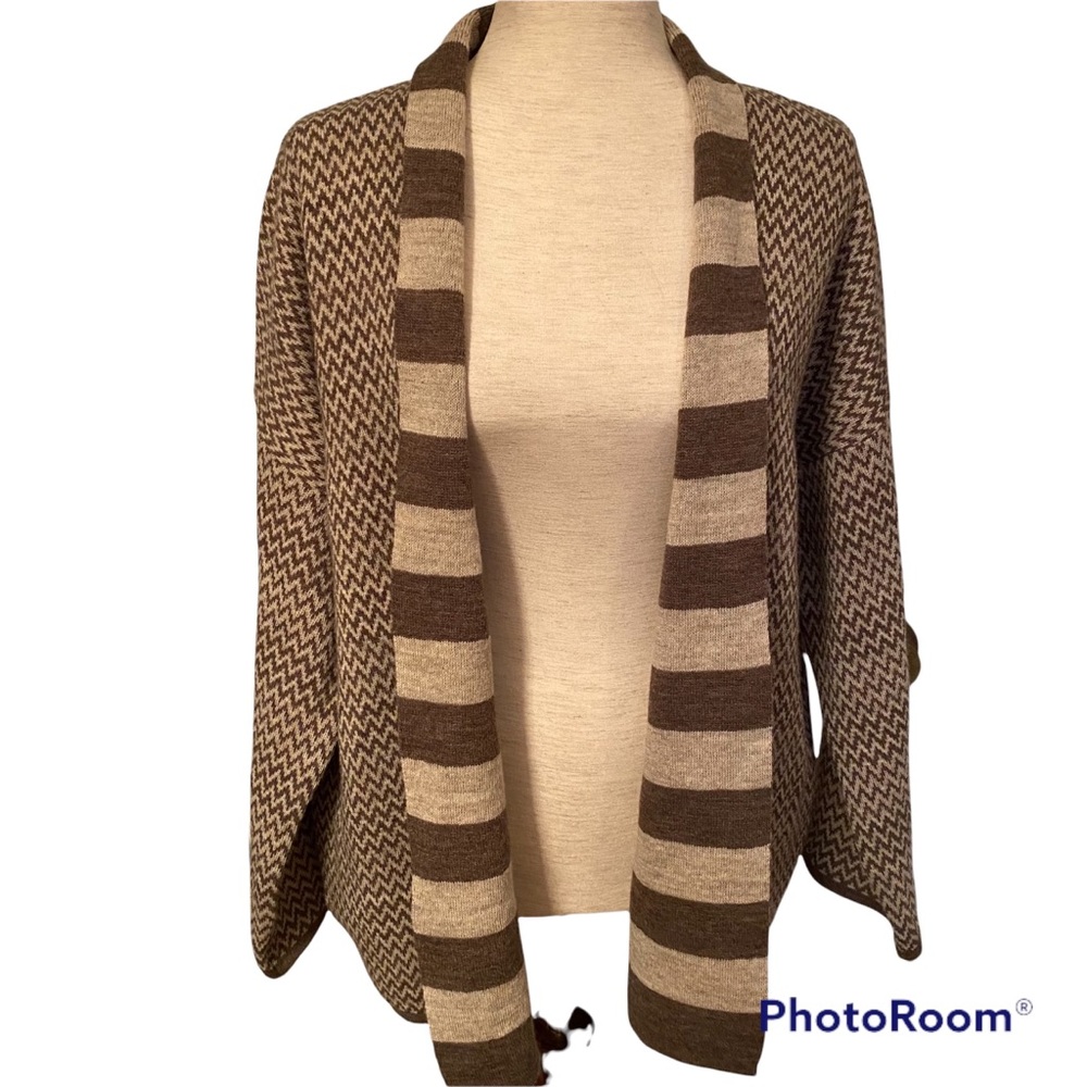 COCOGIO SWEATER CARDIGAN BROWN TAN ZIG ZAG PATTERN OPEN STYLE ITALY SIZE M